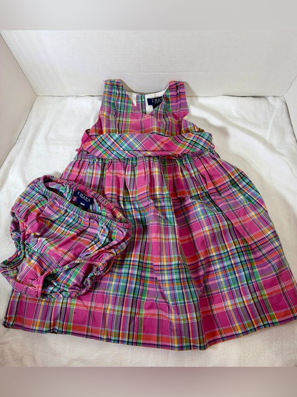 Chaps Plaid Sundress & Bloomers Sleeveless Dress Pink Purple Green Blue Sz 18M
